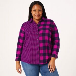 Lands' End Women's Plus Purple Pink Plaid Checkered Button Down Flannel Shirt 3X